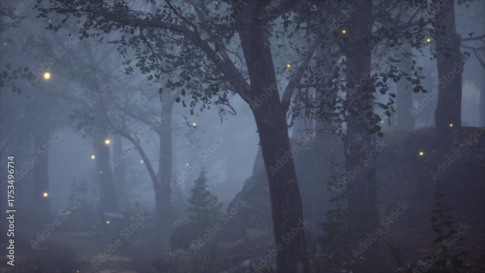 Fototapeta premium A serene forest scene at dusk, where glowing fireflies dot the misty air among tall trees. The peaceful atmosphere invites a sense of wonder and magic in nature.