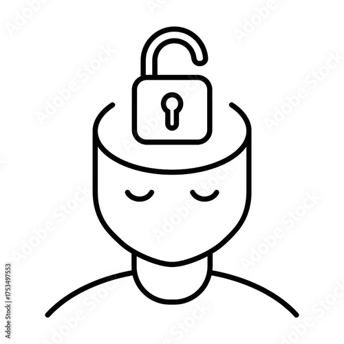 Open Minded concept. Head with open padlock line icon. Unlocked thinking symbolizing open mindedness, education, therapy, mental freedom, learning, and self growth. Key solution. Vector illustration. 