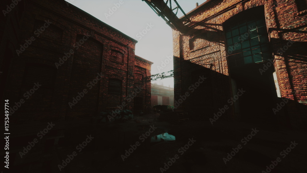 Obraz premium In the early morning light, shadows stretch across the weathered brick walls of an abandoned factory. Overgrown plants peek through the cracks, hinting at natures reclaiming of the space.