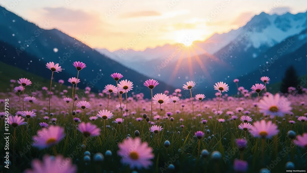 Fototapeta premium Beautiful Mountain Meadow at Sunrise with Pink Flowers.