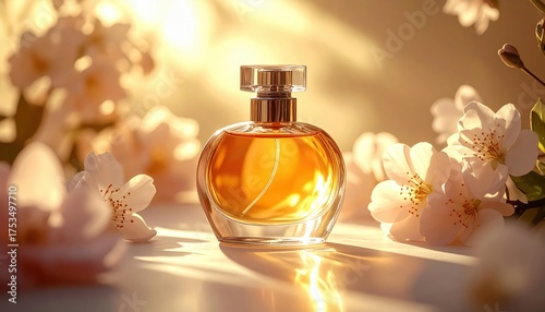 fotografia still life ad alta risoluzione che rappresentano concetti di lusso e bellezza, con un’elegante bottiglia di profumo immersa in una luce dorata e dettagli floreali raffinati.