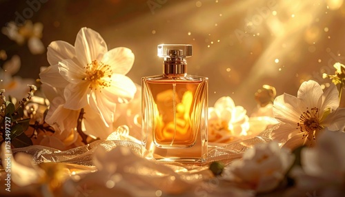 fotografia still life ad alta risoluzione che rappresentano concetti di lusso e bellezza, con un’elegante bottiglia di profumo immersa in una luce dorata e dettagli floreali raffinati.