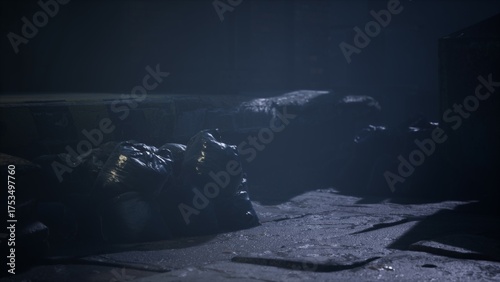 Fotografia In the depths of night, shadows linger on wet cobblestones, creating an eerie atmosphere