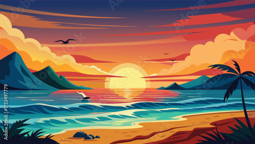 beach sunset poster with waves.