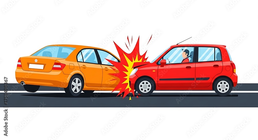 Obraz premium Car accident illustration of two vehicles crashing on the road
