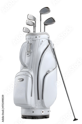 A premium white leather golf bag with silver metal accents, holding a set of chrome irons. A luxurious and sleek image for high-end golf equipment.