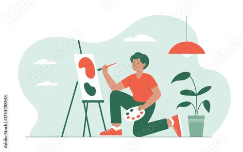 Artist painting a masterpiece on canvas with palette and easel indoors