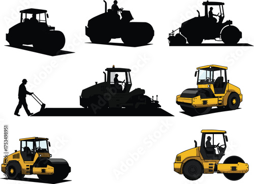 Road roller illustration, construction equipment, heavy machinery, asphalt compactor, silhouette and color, civil engineering, operator driving, industrial vehicle, site work, road building