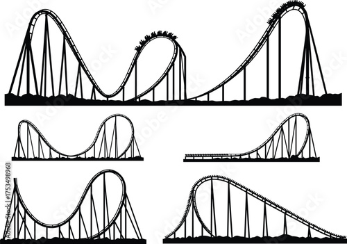 PrintRoller coaster silhouette collection, thrilling amusement park rides, black vector illustration, looping track designs, fairground excitement, steep drops and curves, adrenaline theme ride 