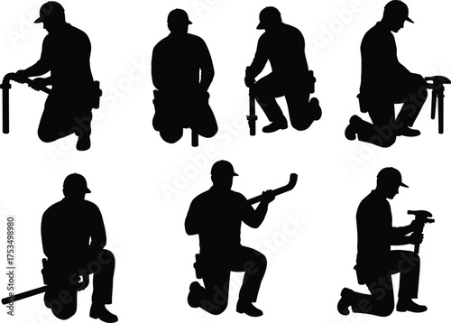 Silhouette workers, manual labor poses, kneeling technician, sitting mechanic, tool usage, plumbing repair, wrench handling, skilled trades, black figure illustration, industrial task, posture study