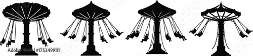 Swing ride silhouette, vintage chair swing carousel, amusement park attraction, fairground ride vector, rotating chair ride, carnival fun illustration, flying swing carousel graphic design
