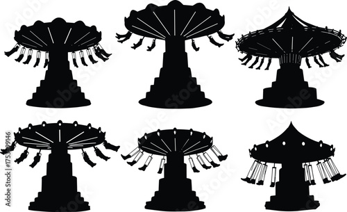 PrintSwing ride silhouettes, amusement park icons, carnival attraction shapes, rotating swing chairs, fairground ride designs, black vector set, theme park entertainment graphic