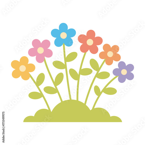 Cartoon Flowers Vector Illustration Bunch of Colorful Spring Flowers Growing, vector illustration