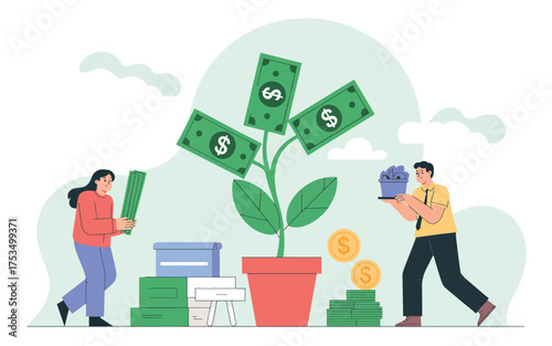 People cultivating money tree symbolic growth wealth financial success investment concept
