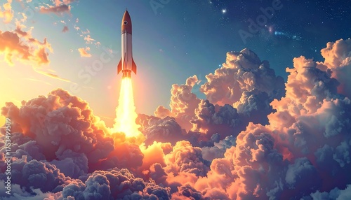 Fototapeta Naklejka Na Ścianę i Meble -  A rocket ship ascends through fluffy, illuminated clouds, emitting fire and smoke. A vibrant sunset sky provides a colorful backdrop