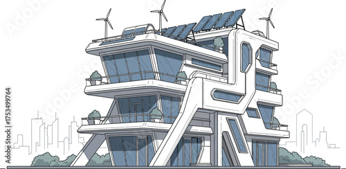 Modern sustainable house with solar panels and wind turbines