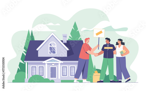 Happy family buying new house real estate transaction and moving concept