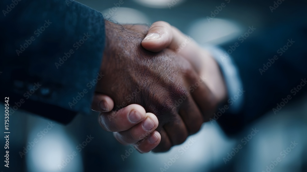 Fototapeta premium Two business professionals shaking hands symbolizing agreement partnership and trust in a formal meeting