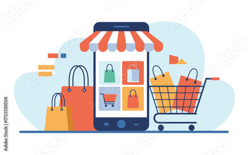 Mobile online shopping concept with cart and shopping bags flat graphic style