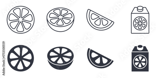 Vector icons citrus fruits. Editable stroke thin line and black solid set. Fresh oranges, lemons and slices of juicy citruses. Healthy tropical fruit collection isolated on white background.