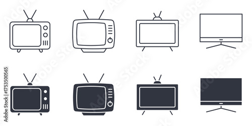 Vector icons old TV. Editable stroke thin line and black solid set. Retro television receivers with antennas, round screens and control knobs. Classic box design of vintage TVs isolated on white backg