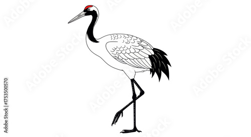 A graceful red-crowned crane depicted in a simple, elegant illustration, standing on one leg