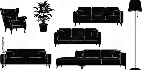 Vector art of collection of black silhouette furniture and a potted plant