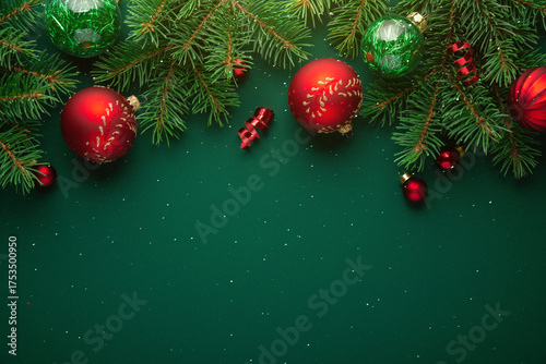 Merry Christmas and Happy Holidays greeting card, frame, banner. New Year. Noel. Golden and red Christmas ornaments on green background top view. Winter xmas holiday theme.