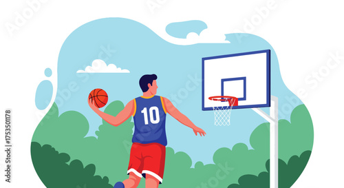 Flat style illustration of a man jumping to dunk a basketball outdoors, symbolizing athletic strength, determination, and the excitement of competitive sports