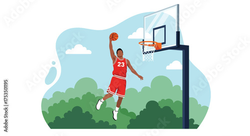 Flat style illustration of a man jumping to dunk a basketball outdoors, symbolizing athletic strength, determination, and the excitement of competitive sports