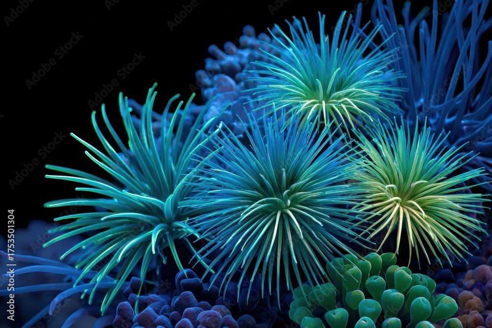 Fototapeta premium Vibrant underwater scene showcasing colorful sea anemones in a coral reef environment at twilight