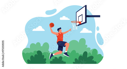 Flat style illustration of a man jumping to dunk a basketball outdoors, symbolizing athletic strength, determination, and the excitement of competitive sports