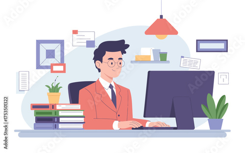 Professional office worker typing on computer in modern workspace engaging in digital business tasks