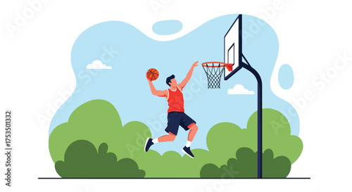 Flat style illustration of a man jumping to dunk a basketball outdoors, symbolizing athletic strength, determination, and the excitement of competitive sports