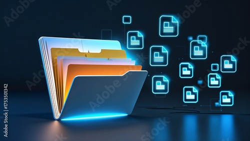 digital file transfer: a glowing, organized folder emitting abstract data files, symbolizing efficient document management, cloud storage, and secure information sharing  modern computing environment
