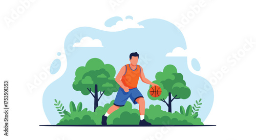 Flat style illustration of a man playing basketball outdoors, dribbling the ball with focus and energy, symbolizing fitness, determination, and an active sports lifestyle