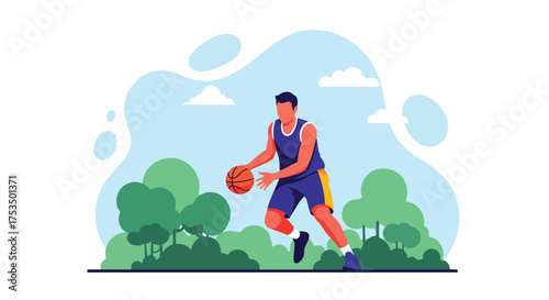 Flat style illustration of a man playing basketball outdoors, dribbling the ball with focus and energy, symbolizing fitness, determination, and an active sports lifestyle