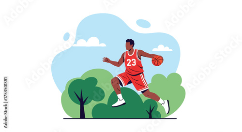 Flat style illustration of a man playing basketball outdoors, dribbling the ball with focus and energy, symbolizing fitness, determination, and an active sports lifestyle