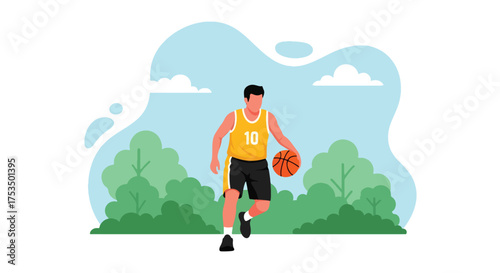 Flat style illustration of a man playing basketball outdoors, dribbling the ball with focus and energy, symbolizing fitness, determination, and an active sports lifestyle