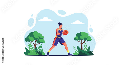 Flat style illustration of a woman playing basketball outdoors, dribbling the ball with focus and energy, representing fitness, determination, and an active lifestyle