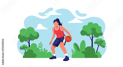 Flat style illustration of a woman playing basketball outdoors, dribbling the ball with focus and energy, representing fitness, determination, and an active lifestyle