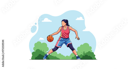 Flat style illustration of a woman playing basketball outdoors, dribbling the ball with focus and energy, representing fitness, determination, and an active lifestyle