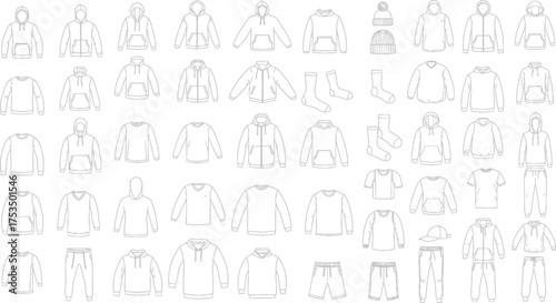 Vector art of collection of clothing line drawings and sketches, showcasing various apparel items like hoodies, sweaters, tshirts, socks, and pants