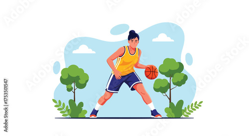 Flat style illustration of a woman playing basketball outdoors, dribbling the ball with focus and energy, representing fitness, determination, and an active lifestyle