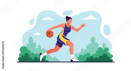 Flat style illustration of a woman playing basketball outdoors, dribbling the ball with focus and energy, representing fitness, determination, and an active lifestyle