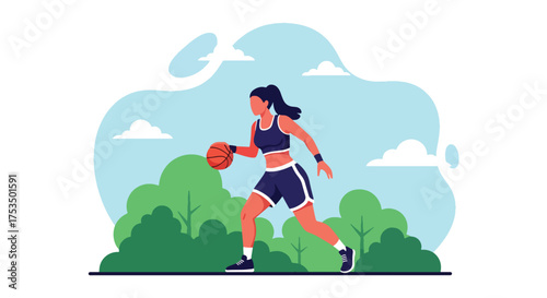 Flat style illustration of a woman playing basketball outdoors, dribbling the ball with focus and energy, representing fitness, determination, and an active lifestyle
