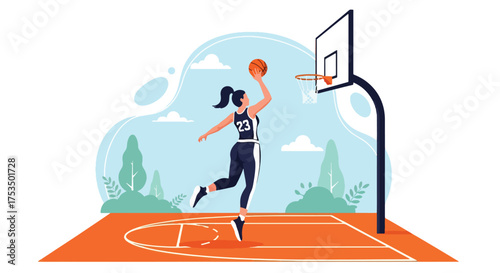 Flat style illustration of a woman playing basketball outdoors, jumping to make a shot at the hoop, representing energy, determination, and athletic skill in sports