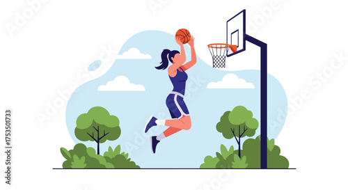 Flat style illustration of a woman playing basketball outdoors, jumping to make a shot at the hoop, representing energy, determination, and athletic skill in sports