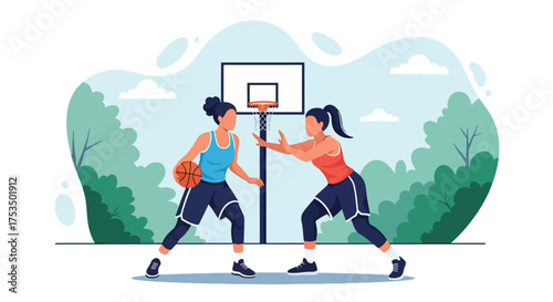 Flat style illustration of two women playing basketball outdoors, showing energy, focus, and teamwork during an intense game on a sunny day at the sports court