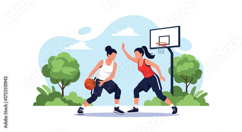 Flat style illustration of two women playing basketball outdoors, showing energy, focus, and teamwork during an intense game on a sunny day at the sports court